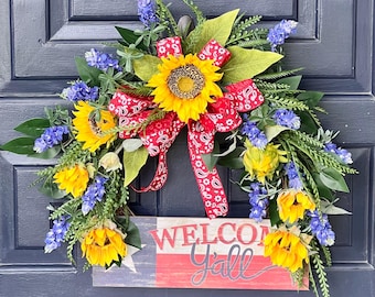 Sunflower Bluebonnet Wreath: Texas Farmhouse Front Door Decor
