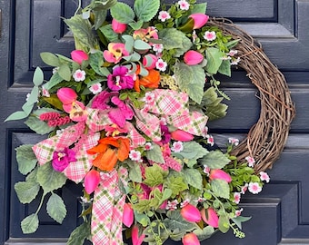 Spring Wreath for Front Door Porch Wall decor Pink Tulips Poppies in Mauve and Orange Handmade Grapevine Easter Mothers Day Gift for Home