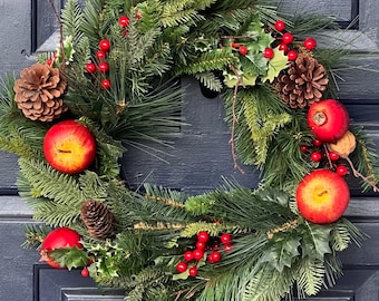 Elegant Winter Wreath Featuring faux Pine Holly and realistic fruit and nuts for porch or wall decor ideal host holiday or housewarming gift