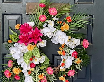 Tropical Summer Wreath: Faux Orchids & Bromeliad - Luau Party Decor