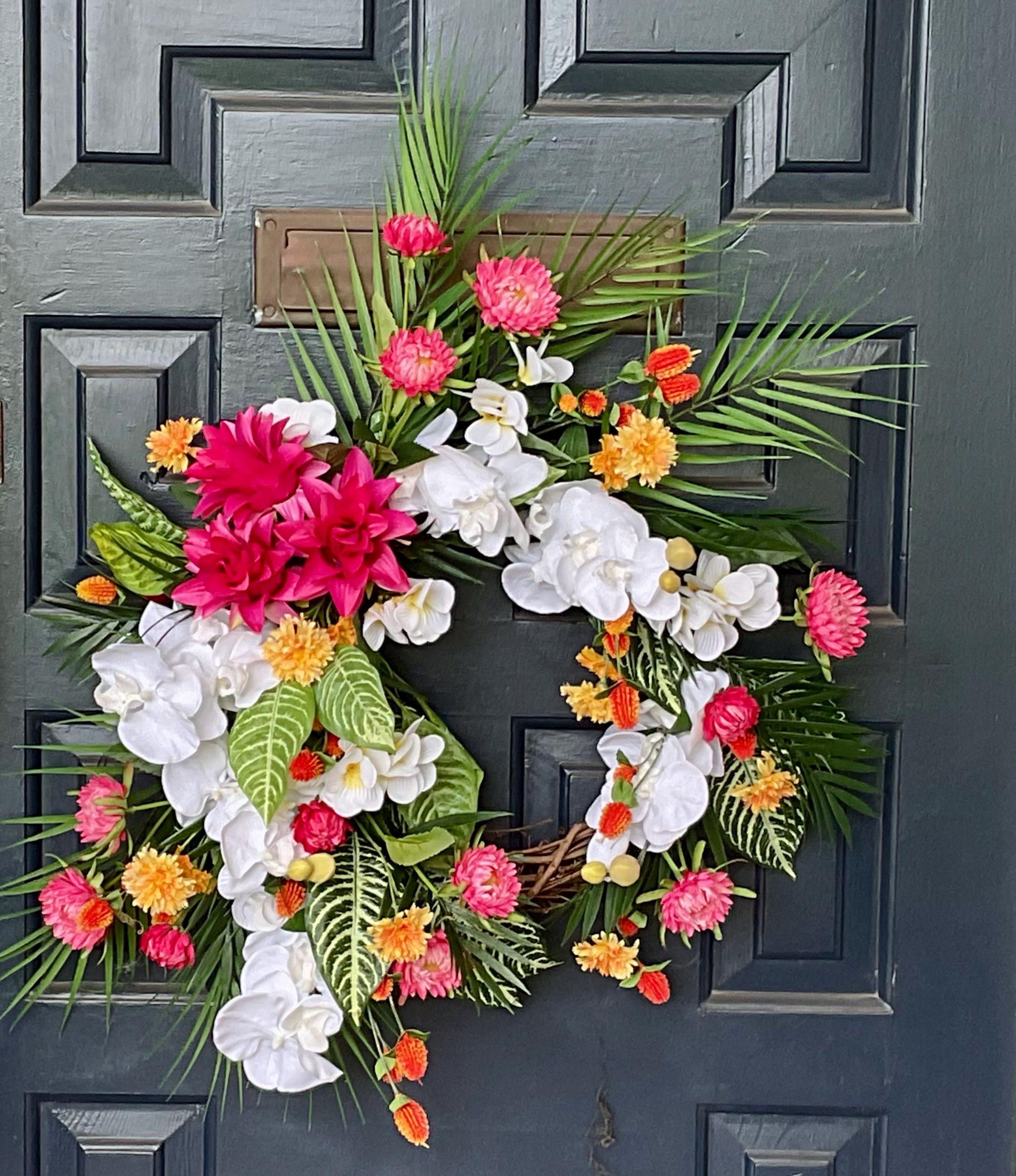 Tropical Summer Wreath: Faux Orchids & Bromeliad - Luau Party