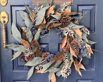 Luxury Fall Wreath: Blue Berries, Pine Cones & Eucalyptus