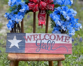 Welcome Y’all Texas bluebonnet wreath with bandana ribbon for your front porch or home decor