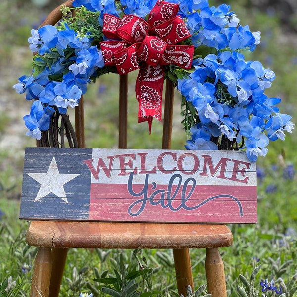 Welcome Y’all Texas bluebonnet wreath with bandana ribbon for your front porch or home decor