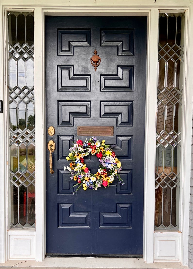 All season round grapevine wreath featuring multiple colors of Texas wildflowers including bluebonnets and Indian paintbrush perfect gift image 3