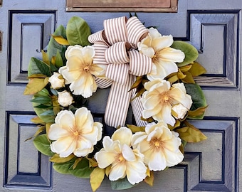 Magnolia Leaf Wreath: Cream Blossoms & Cabana Stripe Bow