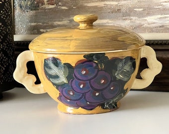 Arte Italica Bowl with Handles & Lid Grapes Design Ceramic Hand Made in Italy