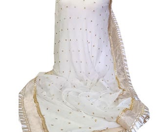 Fancy White/Gold Chiffon Pakistani Designer Dupatta