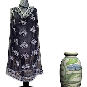 Asian Pakistani Indian Black Chiffon Dupatta - Elegant Black With White Hand Embroidery Chiffon Dupatta