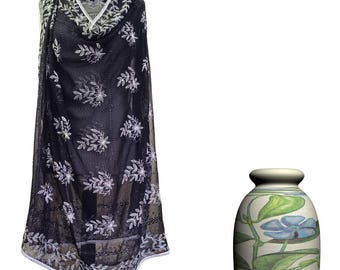 Hand Embroidered Black Chiffon Dupatta: Kacha Tanka & Taarkashi