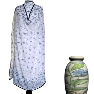 Asian Pakistani Indian White Chiffon Dupatta - White Chiffon Dupatta with Black Hand Embroidery
