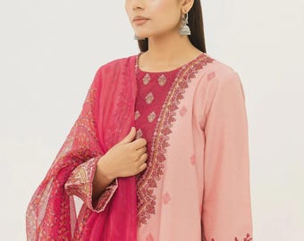Traje de césped bordado: vestido de verano indio pakistaní, dupatta de red, vestido de fiesta/casual - cosido 2 piezas