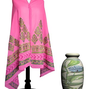 Hand Block Print Fancy Chiffon Scarf- Pink Hand Crafted Floral Print Scarf For Pakistani Indian Wedding or Party Wear