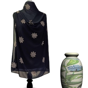 Hand Block Print Fancy Chiffon Scarf-Black Hand Crafted Chunri Print Scarf For Pakistani Indian Wedding or Party Wear