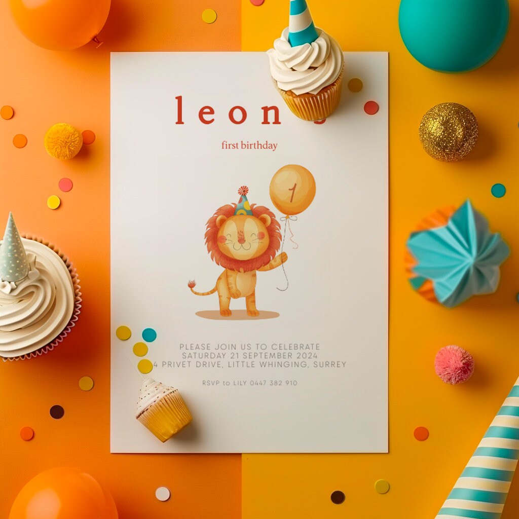 Editable Watercolor Lion First Birthday Invitation | DIY Printable ...