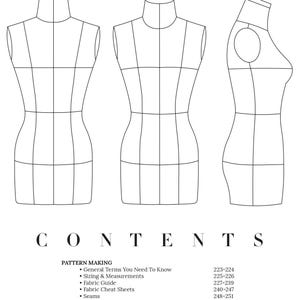 Puede incluir: Una página de una guía de patronaje con tres dibujos lineales de maniquíes. El título en la parte superior dice "PATTERN MAKING". Debajo de los dibujos hay una tabla de contenidos con temas como "Sizing & Measurements" y "Fabric Guide".
