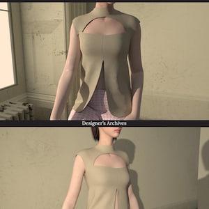 May include: A beige babydoll top with a keyhole neckline and a front slit. The image includes text that reads "XS-XL 34-42" and "Beginner's Babydoll Top Digital Sewing Pattern PDF Instant Download". The logo for "A Digital Fashion Library" is also visible.