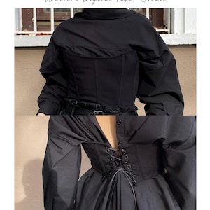 May include: A black corset pattern with a lace-up front and a gathered skirt. The pattern is for a one-size classic corset. The text "Winter's Digital Paper House" is printed on the image.