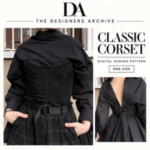 May include: A black corset digital sewing pattern from The Designers Archive. The image displays a black corset worn over a black shirt, featuring a front lace-up closure, structured panels, and a belt with a double D-ring buckle over a plaid skirt.