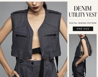 Utility Vest sewing pattern denim vest beginner friendly pdf utility vest instant download sewing pattern one size fits most vest pattern