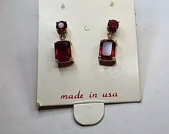 Ruby Red Dangle Earrings Gold Tone Pierced Ears