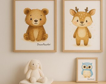 Forest Animal Nursery Prints – Set of 5 Watercolor Baby Animals – Woodland Wall Art – Instant Download