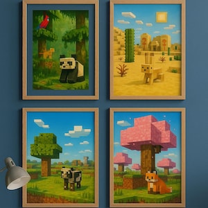 Arte mural de biomas de Minecraft: jungla, desierto, llanura y cerezos. Pósteres imprimibles con descarga digital. Decoración para habitación infantil.