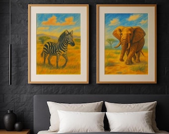 Savanna Animal Wall Art | Crayon Art | Animal Prints | Printable Savanna Animals | Set of 4 Animals