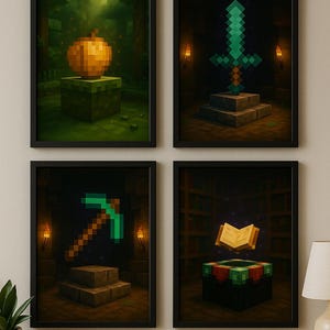 Legendary Minecraft-Inspired Posters – Diamond Sword, Pickaxe, Golden Apple & Enchanting Table – Digital Art for Gamers Kids Bedroom
