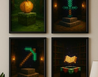 Legendary Minecraft-Inspired Posters – Diamond Sword, Pickaxe, Golden Apple & Enchanting Table – Digital Art for Gamers Kids Bedroom