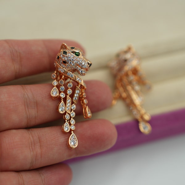 Green Eye Panther earrings 925 silver 18k rose gold plated leopard head fashion earrings post back