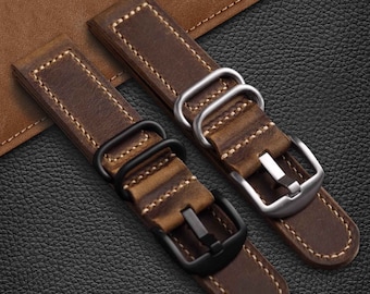 Nato Style Hand-Stitched Leather Watch Strap , Brown Watch Band: 20MM, 22MM, 24MM