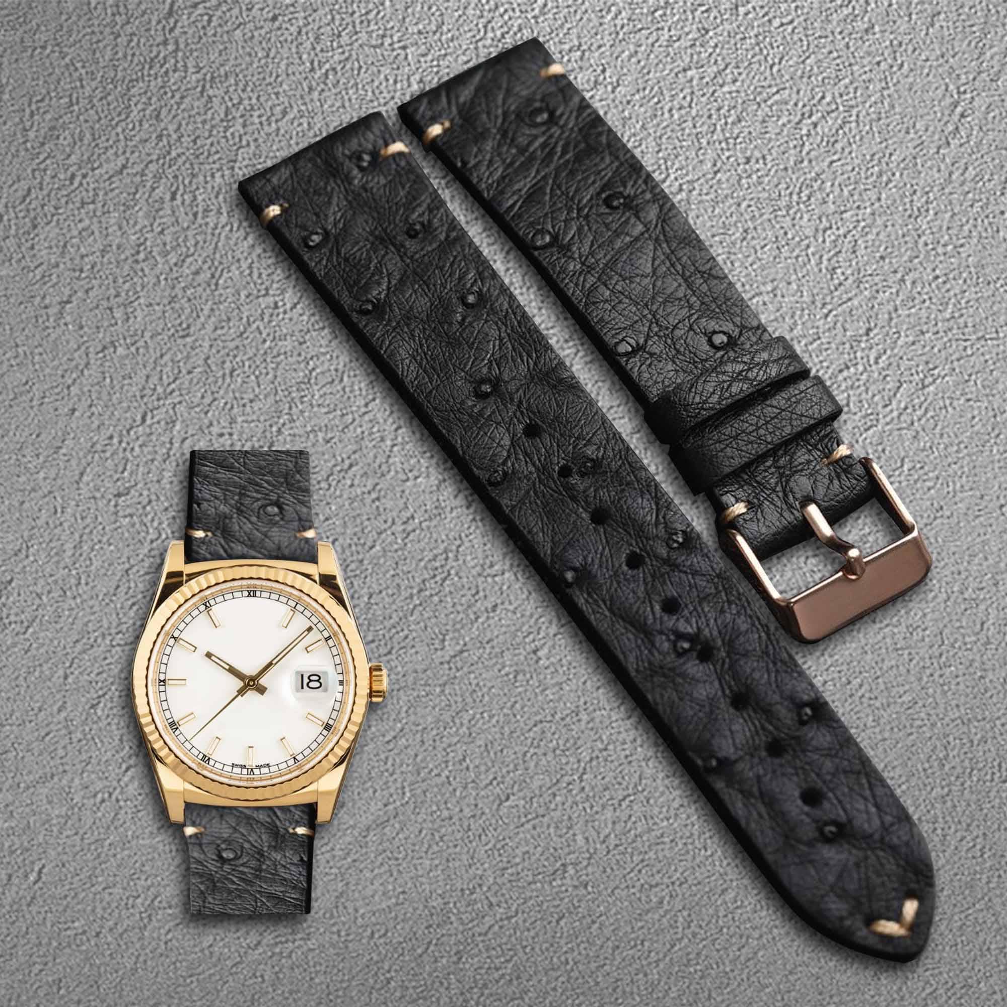 Ostrich Leather Watch Strap Black, Vintage Style, Stainless Steel Buckle,18MM 19MM 20MM 21MM 22MM