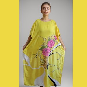 Hand-Painted Batik Kaftan | Beach Cover Up | Maxi | Long | Cotton | Floral Pattern | Gift for Her | Yellow