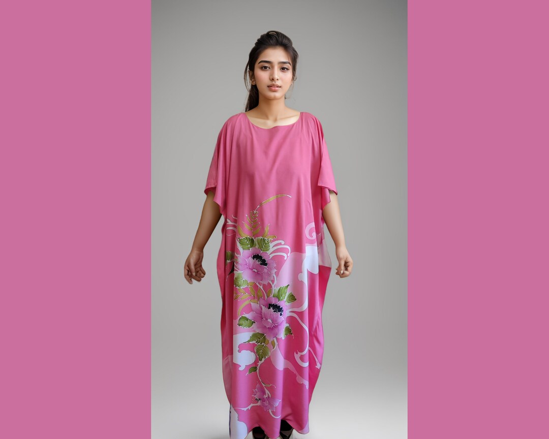 Pink - Cotton Hand Batik Print Kaftan with Tie-Up Waist (Long) 12