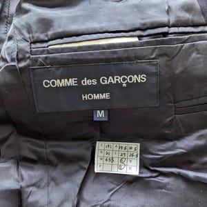 Puede incluir: Primer plano del interior de una prenda negra, que muestra una etiqueta con "COMME des GAR&Ccedil;ONS HOMME" en texto blanco. Una etiqueta de talla "M" y una etiqueta m&aacute;s peque&ntilde;a con medidas tambi&eacute;n son visibles. La tela tiene un ligero brillo.