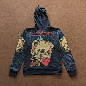 エドハーディー（one）ベロアジップアップパーカー＊スカル刺繍＊Y2K＊ストーン Ed Hardy】スカル 黒 クロップ ジップ パーカー フーディ 派手