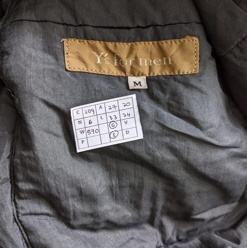 Puede incluir: Primer plano del interior de una chaqueta gris. Una etiqueta marr&oacute;n con el texto "Y's for men" est&aacute; cosida en la chaqueta. Debajo, una etiqueta blanca con n&uacute;meros y letras.