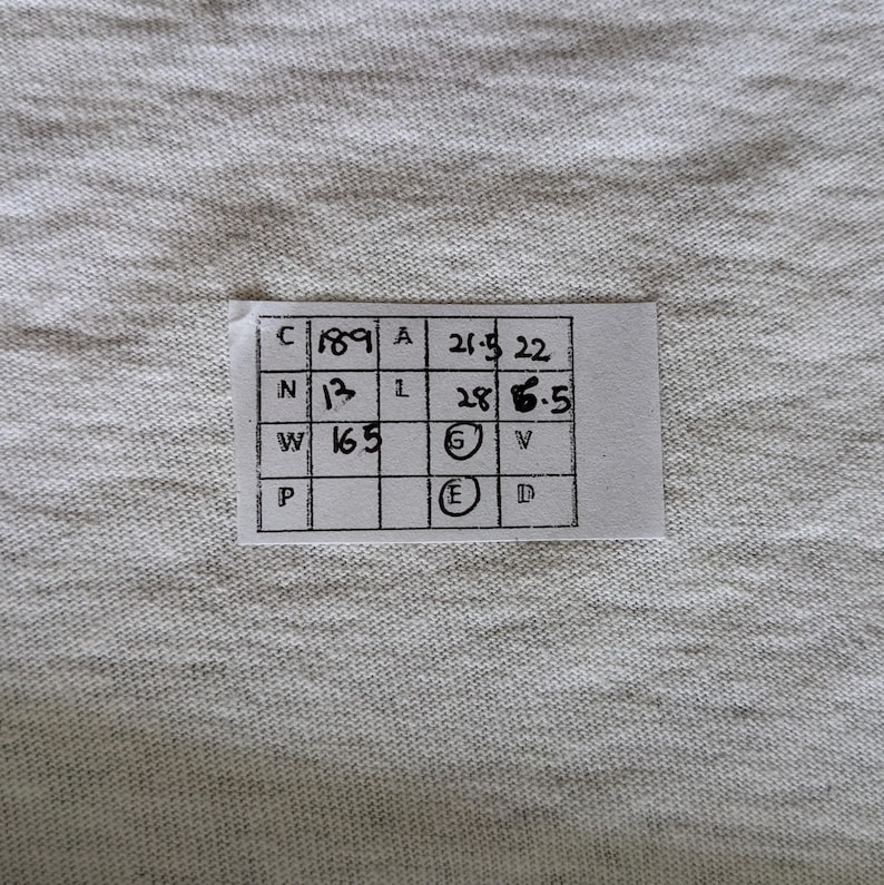 May include: A white tag with a grid of numbers and letters. The tag has the letters C, N, W, and P in the first column, and the numbers 1891, 13, 165, and blank in the second column. The tag has the letters A, L, and blank in the third column, and the numbers 21.5, 28, and blank in the fourth column. The tag has the numbers 22, 6.5, and blank in the fifth column.