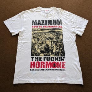 Puede incluir: Camiseta blanca con un estampado gráfico en negro y rojo de una banda llamada "The Fuckin' Hormone". El gráfico incluye el texto "Maximum Cult of the Harapeko" y "Kusokusaibenjokosomyhome".