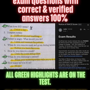 May include: Image of a CNA State Exam study guide with exam questions and answers. The text reads "CNA STATE EXAM!! exam questions with correct & verified answers 100%." Green and yellow highlights emphasize key information. An exam results notice is also visible.