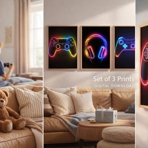 Neon Gaming Controller Print Set: Gamer Room Art (Digital Download)