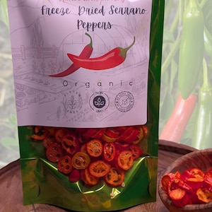 Organic Home-Grown Freeze-Dried Serrano Peppers: Bold Heat, Rich Flavor. Ripened to Perfection.
