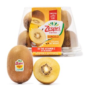 May include: A clear plastic container filled with Zespri Sungold kiwifruit, labeled 1LB (454G) net weight, alongside one whole kiwi with a Zespri sticker and one halved kiwi showing yellow flesh and small black seeds, with text highlighting 3X the vitamin C of an orange.