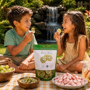 May include: A green stand-up pouch of organic dried green kiwi slices with a label featuring the text Green Kiwi. The pouch is placed on a checkered picnic blanket alongside a wooden bowl of kiwi slices, a bowl of pink snacks, and fruit.