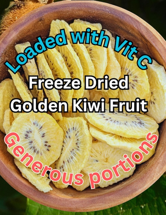 Generous portions. Freeze dried GOLDEN KIWI fruit snacks – more & better healthy kids snacks, hikers’ delight, natural dessert, trail mix.