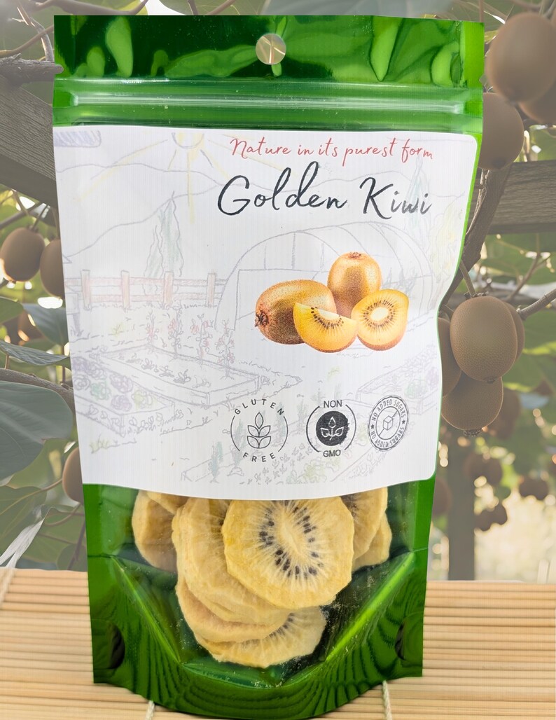 May include: A green resealable pouch containing dried golden kiwi slices. The label features the text Nature in its purest form Golden Kiwi, an illustration of whole and sliced kiwis, and icons indicating gluten-free, non-GMO, and no added sugar.
