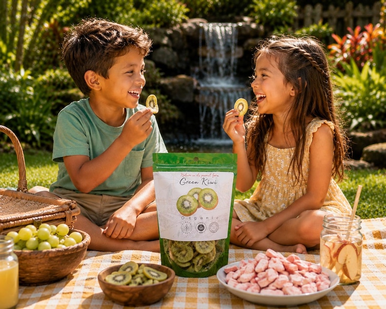 May include: A green stand-up pouch of organic dried green kiwi slices with a label featuring the text Green Kiwi. The pouch is placed on a checkered picnic blanket alongside a wooden bowl of kiwi slices, a bowl of pink snacks, and fruit.