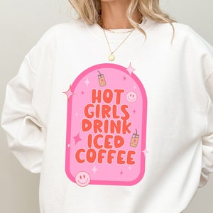 Hot Girls Drink Iced Coffee Retro DTF Transfers High Quality Full Color Iron-On Ready For Press Heat Transfer T-Shirts Hoodies, Custom DTF