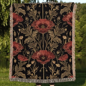 Poppy Decor Blanket Dark floral throw Poppy Print Blanket Dark Poppies Blanket poppy flower tapestry poppy tapestry dark cottagecore poppies